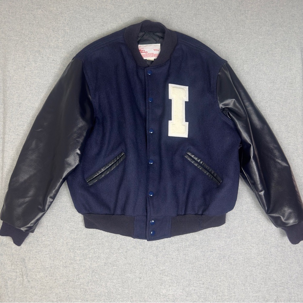Letterman Jacket Men 46 Navy Blue Varsity Colorblock Preppy Snap Jock Quilted